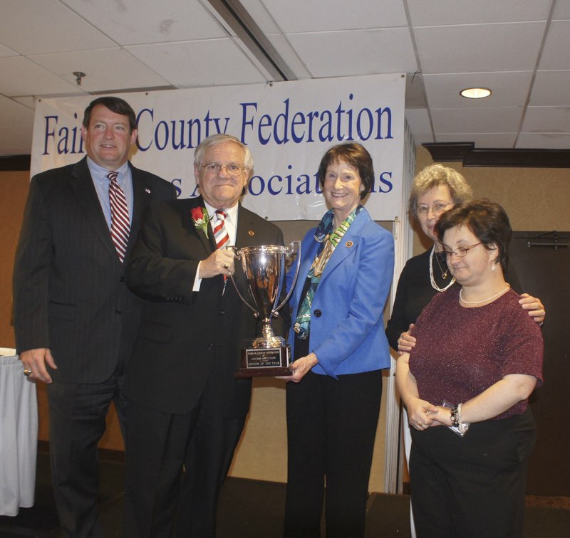 Springfield Supervisor Pat Herrity, 2012 Citizen of the Year Peter Murphy holding the Federation Cup with Board Chairman Sharon Bulova, and Charlene and Cherilyn Murphy